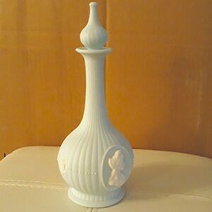 8” Tall Powder Blue and White Cameo Vintage Scent Bottle w Stopper Porcelain EUC
